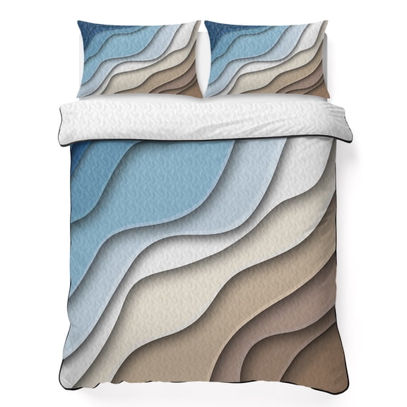 King Quilt Set 96''x106'', Navy Blue Brown Ombre Lightweight Bedspread Coverlet Set with 2 Pillow Shams, Modern Geometric Abstract Cream Breathable All Season Quilt Bedding for Bedroom/Guest Room