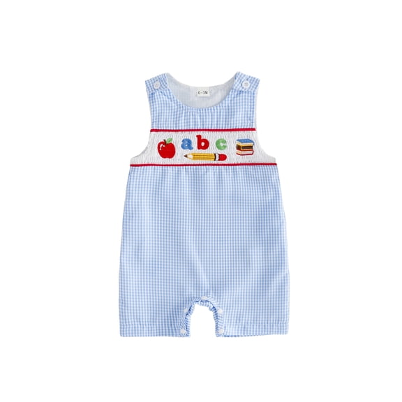 Cenuakty Infant Boy Jumpsuit Back to School Cute Apple Letters Embroidery Plaid Romper Sleeveless Crew Neck Overall Pants