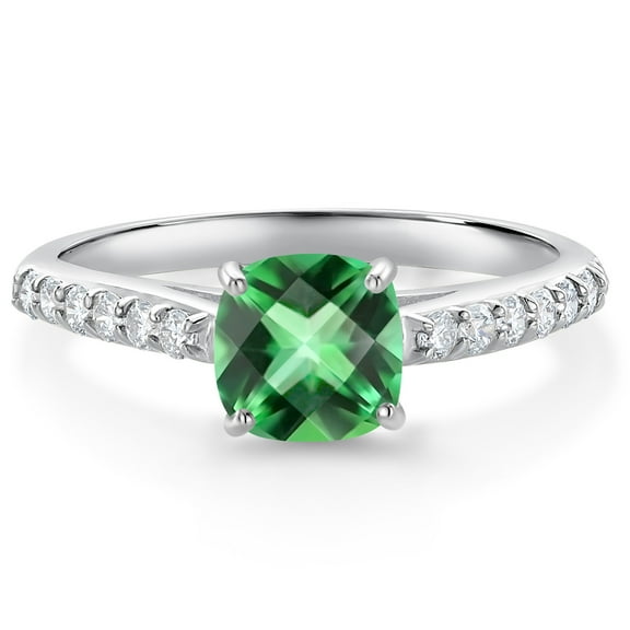 Gem Stone King 10K White Gold Rainforest Topaz and White Lab Grown Diamond Engagement Ring for Women (1.18 Cttw, Gemstone November Birthstone, Cushion Checkerboard 6MM, Size 8)