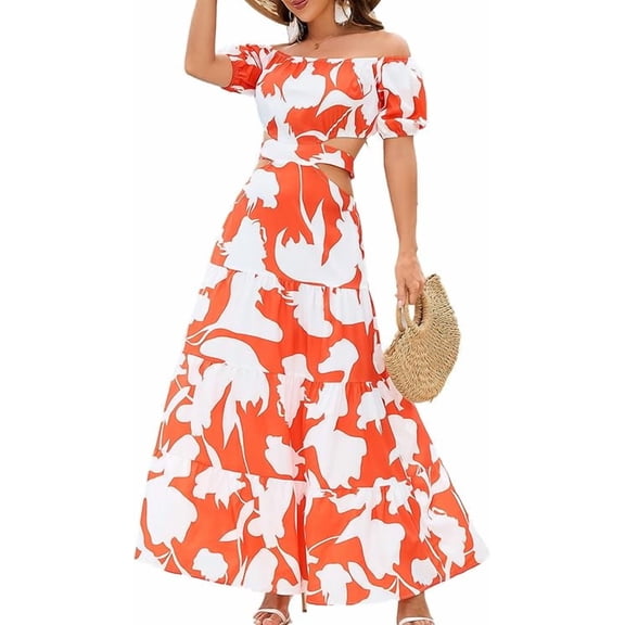 oyyn Women Elegant High Waist Floral Print Large Hem Long Party Dress Robe Female Clothes 2024 Chic Sexy Off The Shoulder Maxi Dresses XL