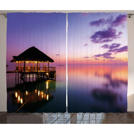 Exquisite Bedroom - Tropical Curtains 2 Panels Set, Arbor on Sea at Dramatic Night Paradise Maldives Sky Exquisite Coast View Art Print, Window Drapes for Living Room Bedroom, 108W X 96L Inches, Purple, by Ambesonne