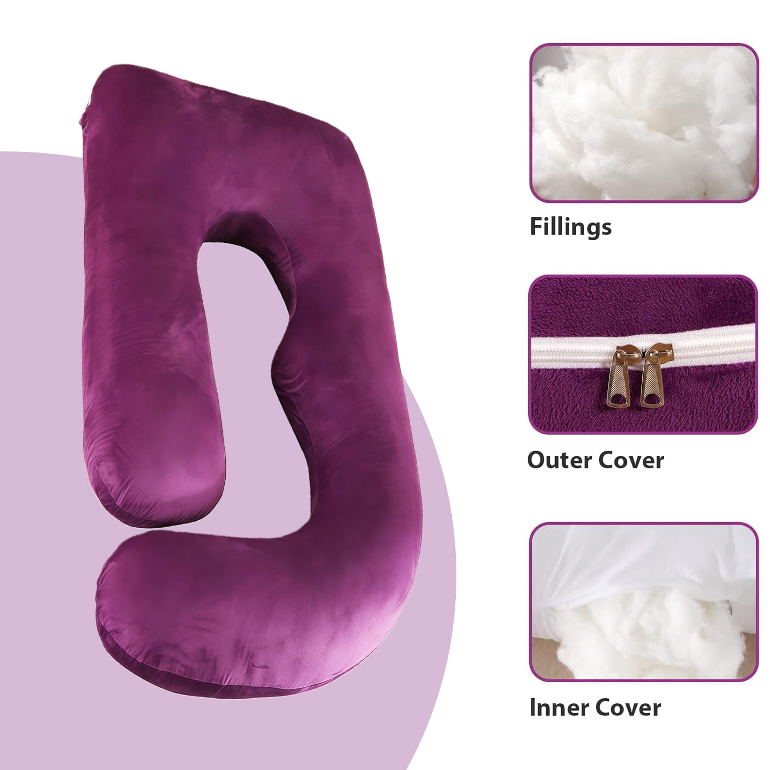 J-Shaped Pregnancy Pillow (63" x 19.6") - Full Body Maternity Support Pillow for Back, Hip and Belly Pain Relief, Purple