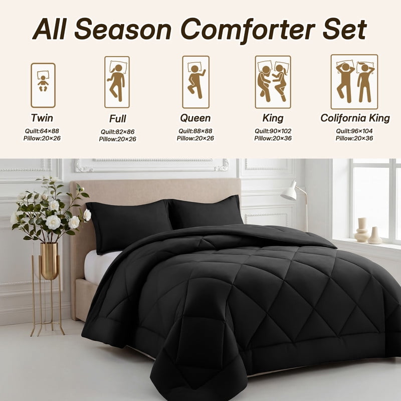 3 Pieces Twin Size Comforter Set, All Season Lightweight Breathable Bedding Set with 1 Down Alternative Comforter and 2 Pillowcases, Black