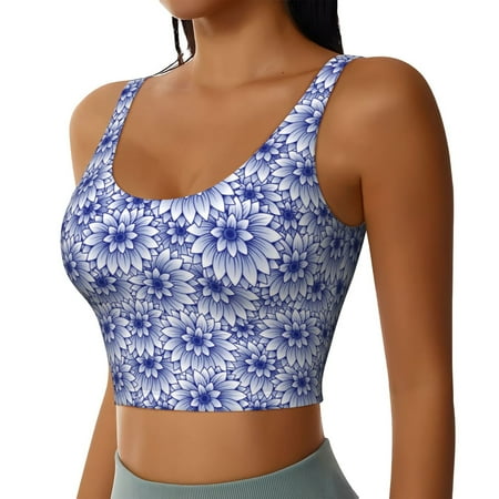 Haiem Blue And White Flowers Pattern Womens Sports Bra - U Neck Padded Low Impact Yoga Bra Workout Crop Top Gym Moisture-Wicking Workout Vest -Large