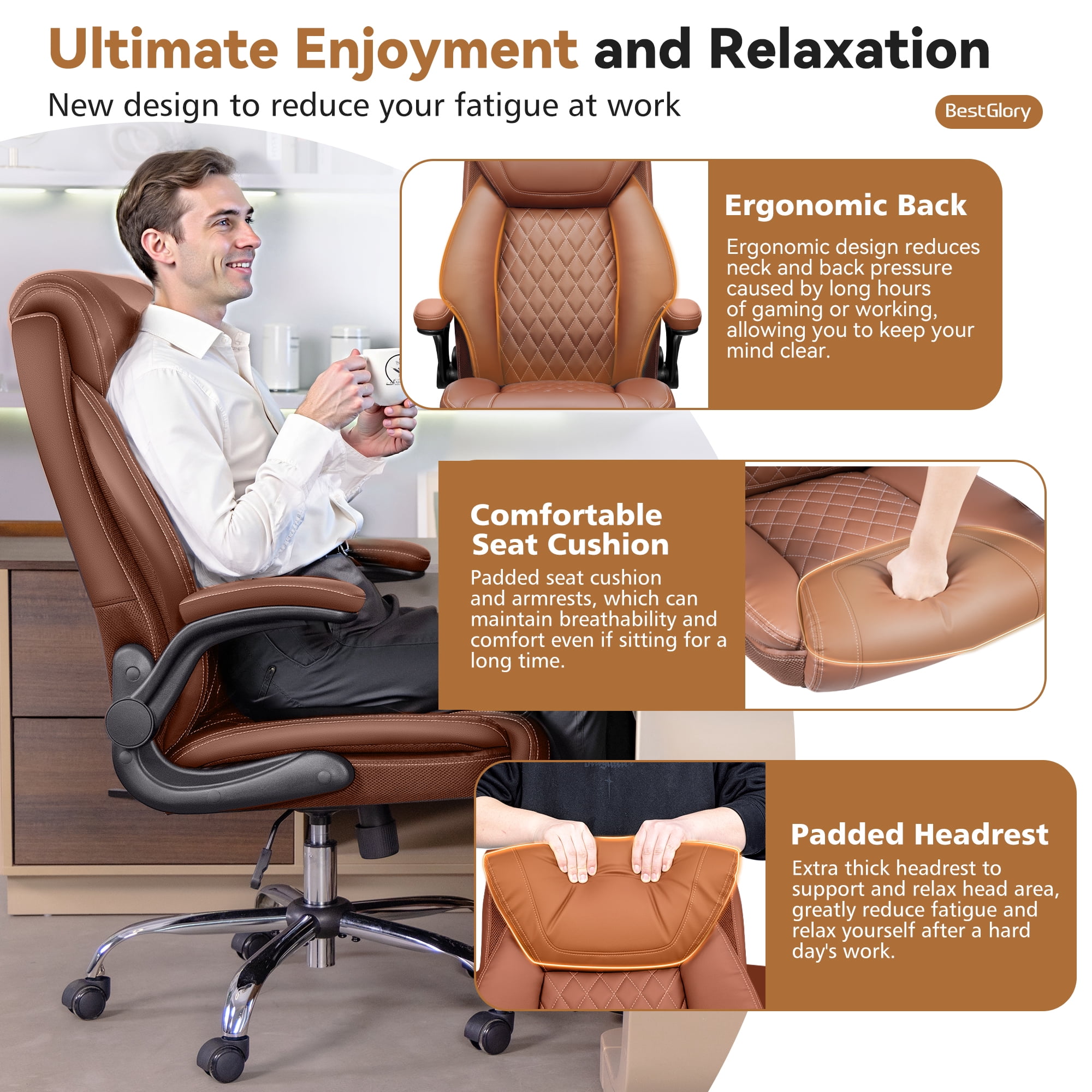 FASTES Ergonomic Office Chair, Desk Chair with High Back Flip-up Armrests Big and Tall Gaming Leather Chair with Rocking Function 2 Reclining Position,Brown