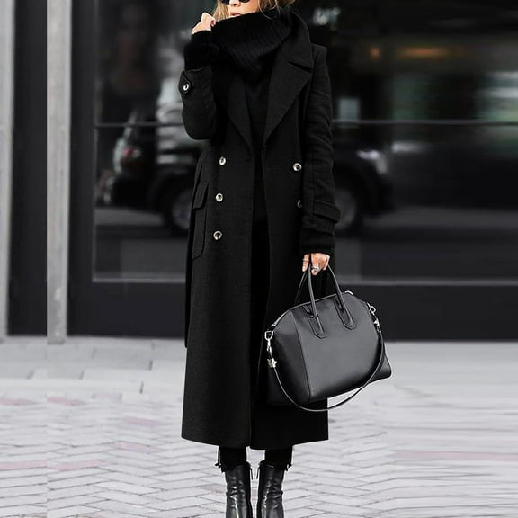 Cozyvia Women's Winter Double Breasted Wool Coat Elegant Notched Lapel Belted Maxi Long Pea Trench Coat - Black M