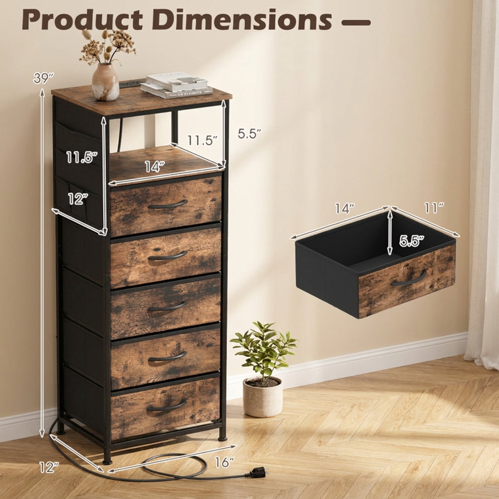 Furnibear 39 Inch Tall Nightstand with Integrated Charging Station and 5 Fabric Drawers
