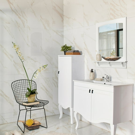 Design House Concord Wooden Wall Mirror with Shelf in White, 31-Inch by 24-Inch