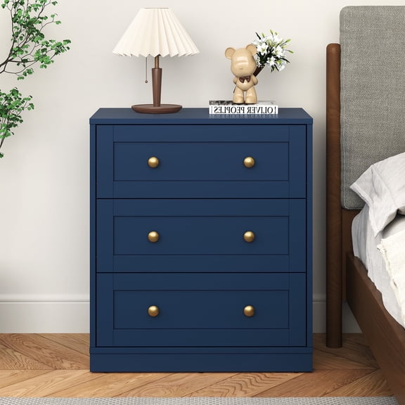 May in Color 3-Drawer Nightstand, Modern Bedside Table with Gold Knobs, Wooden End Table for Bedroom, Living Room, Hallway, or Closet, Blue