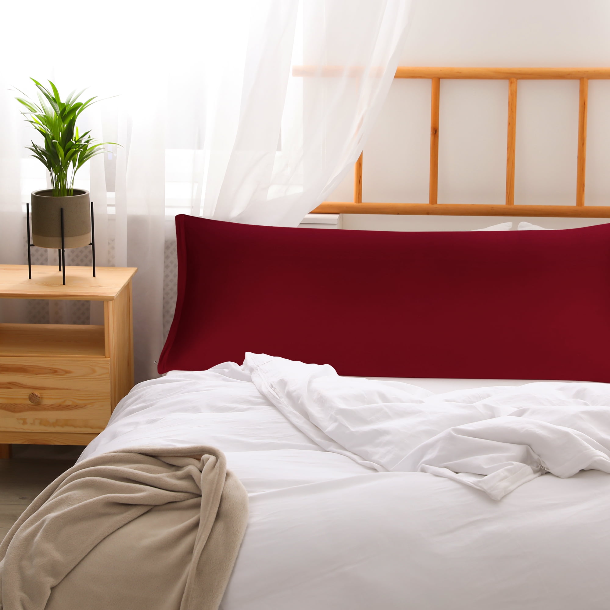 Unique Bargains Egyptian Cotton Zipper Long Body Pillow Cover Dark Red 20" x 48"