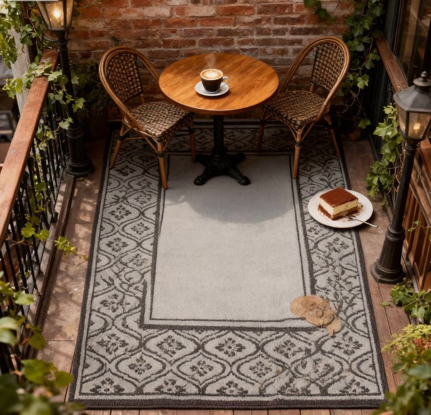 9' x 18' Black & Gray Gourd Border Reversible Outdoor Patio Rug, Waterproof Plastic Straw RV Camping Rug with Carry Bag, Foldable Fade Resistant Mat