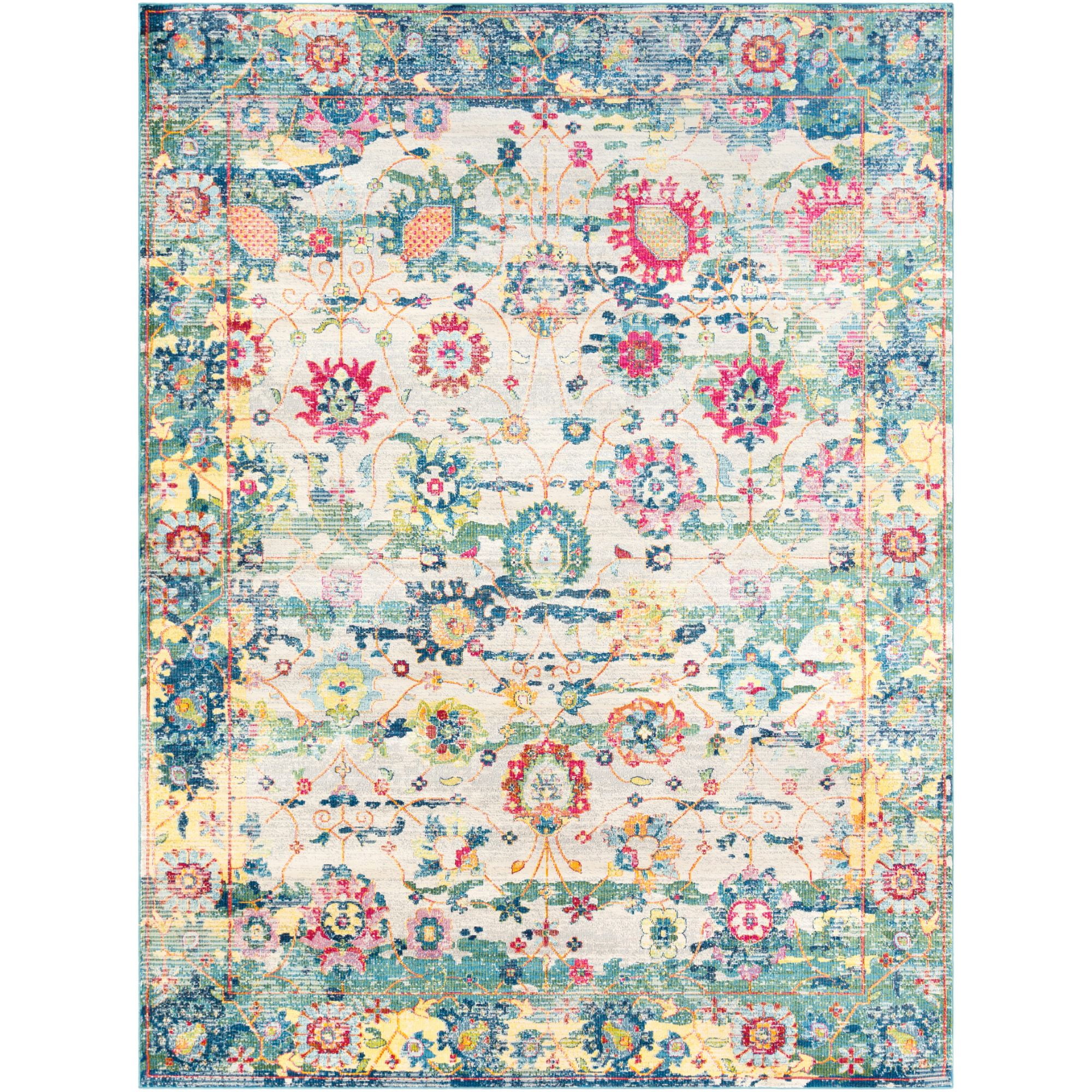 7.8' x 10.25' Ocean Blue and White Bohemian Patterned Rectangular Area Throw Rug