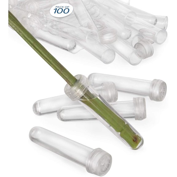 Floral Water Tubes with Caps – 3" Clear Plastic Flower Vials for Single Stem Roses, Buds, Bouquets – Standard Style, 1/2" Opening – 100 Pack