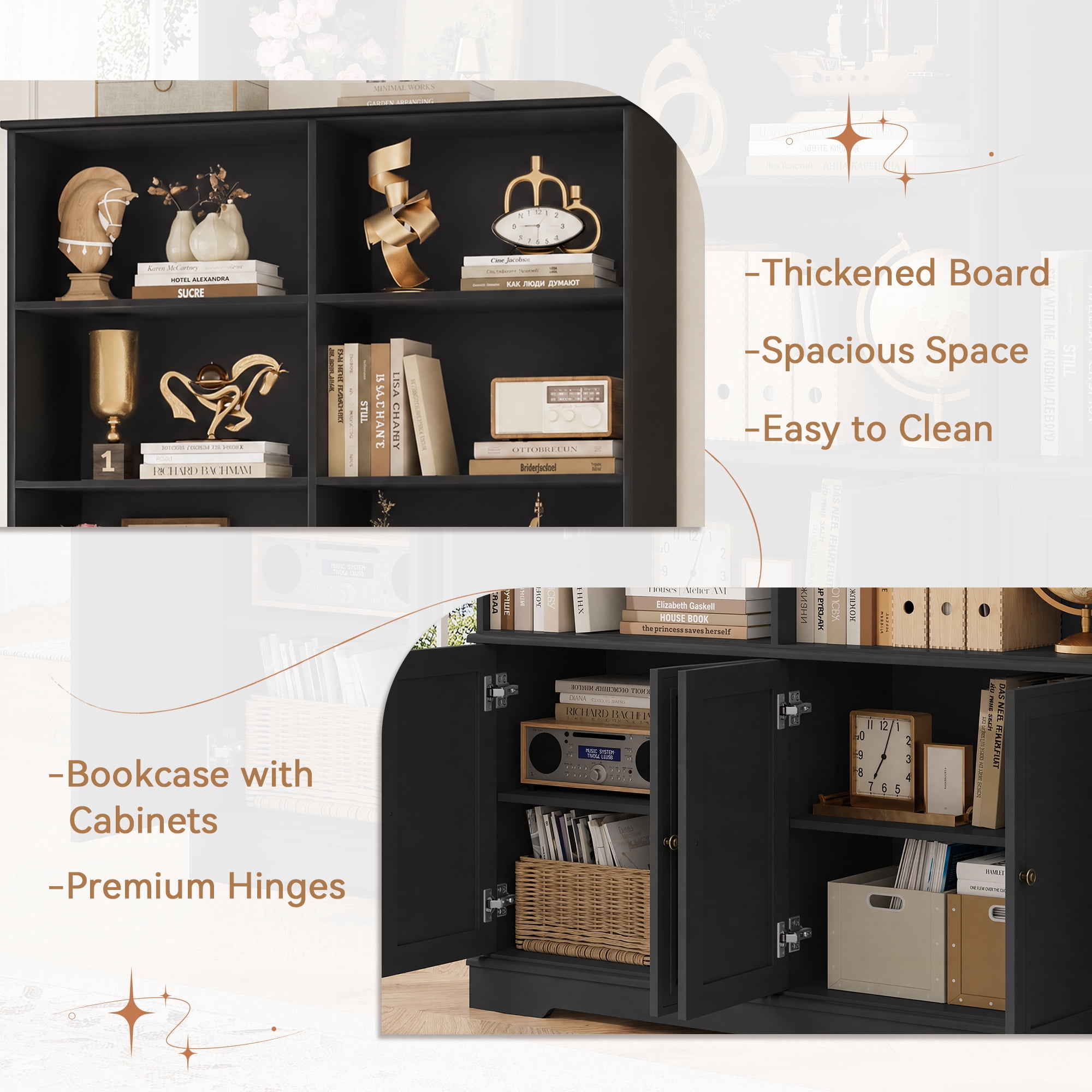 Homfa 73'' Bookcase and Bookshelves with Doors, Double Wide Wood Display Bookshelves for Living Room Home Office, Black