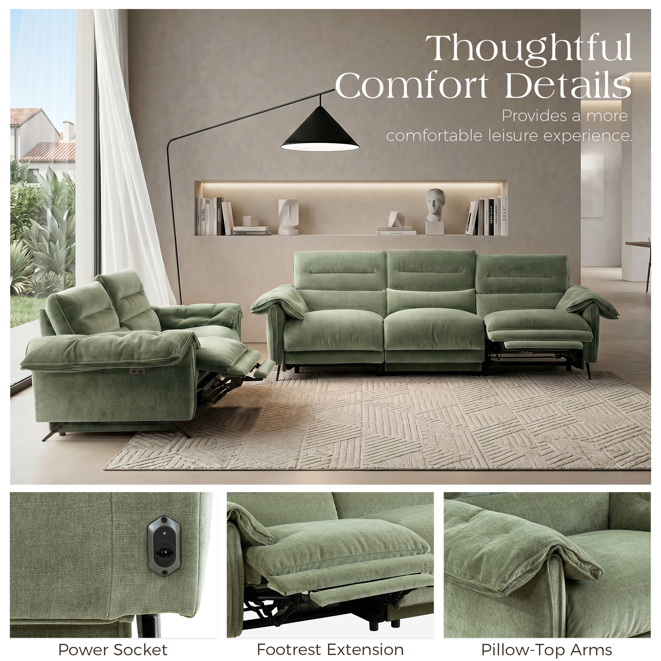 Aenkyo 2-Piece Power Reclining Sofa Set with USB Ports, Loveseat and Sofa, Green