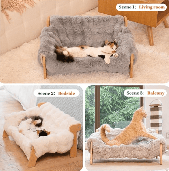 CheerPals Elevated Cat Couch Bed, Wooden Cats Sofa with Removable Washable Fluffy Cover Raised Kitty Lounge Chair Suitable for Puppy(Khaki)