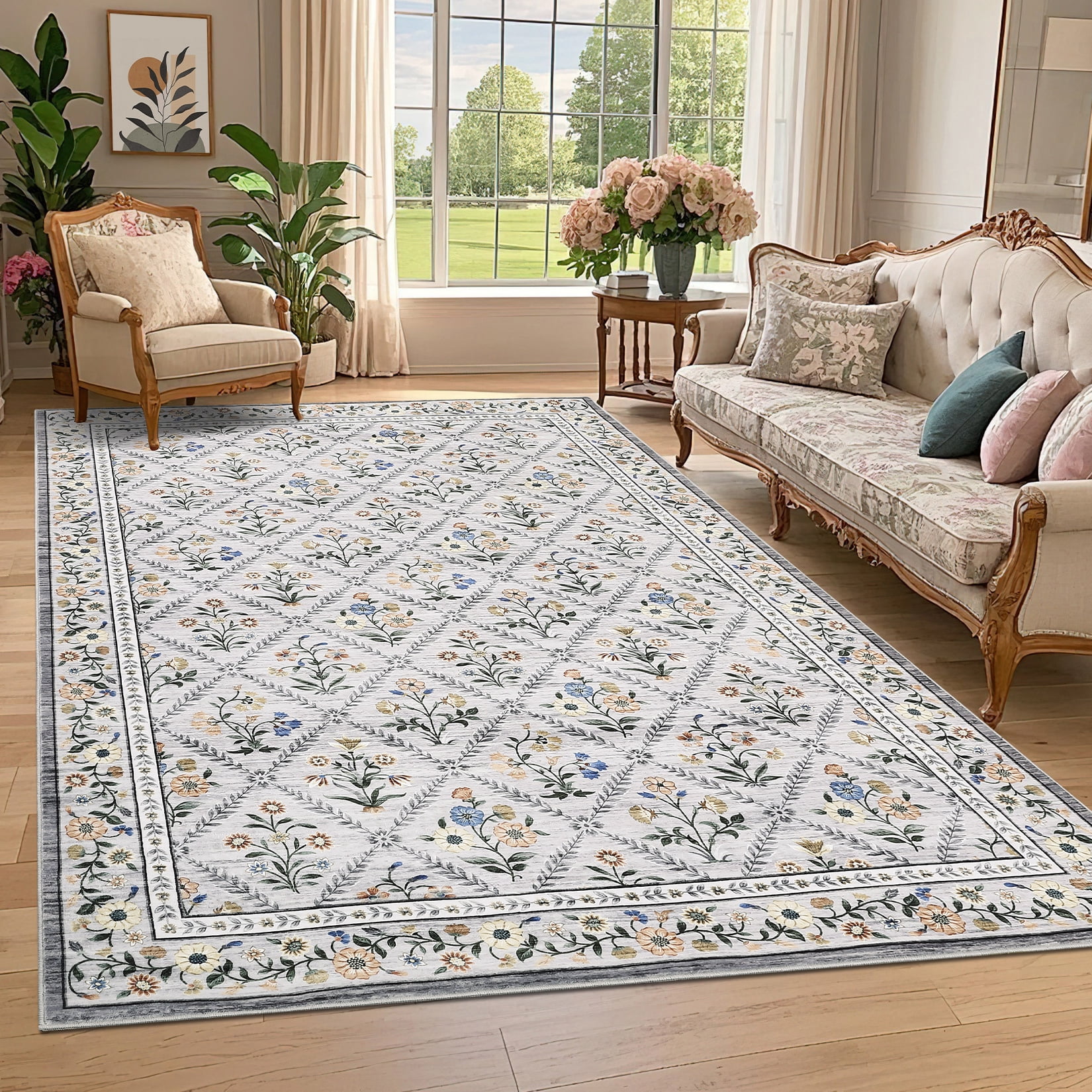 Senfot 10x13 Floral Print Area Rug Machine Washable Non-Slip Stain Resistant Low Pile Bordered Farmhouse Rug for Living Room Bedroom Home Office Gray