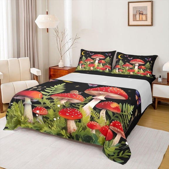 jejeloiu Red Mushroom Fungus Twin Sheet Sets,Rustic Plants Leaves Twin Fitted Sheet,Red Green Black Flat Sheet For Girl,Luxury Bedroom Decor,3-Piece