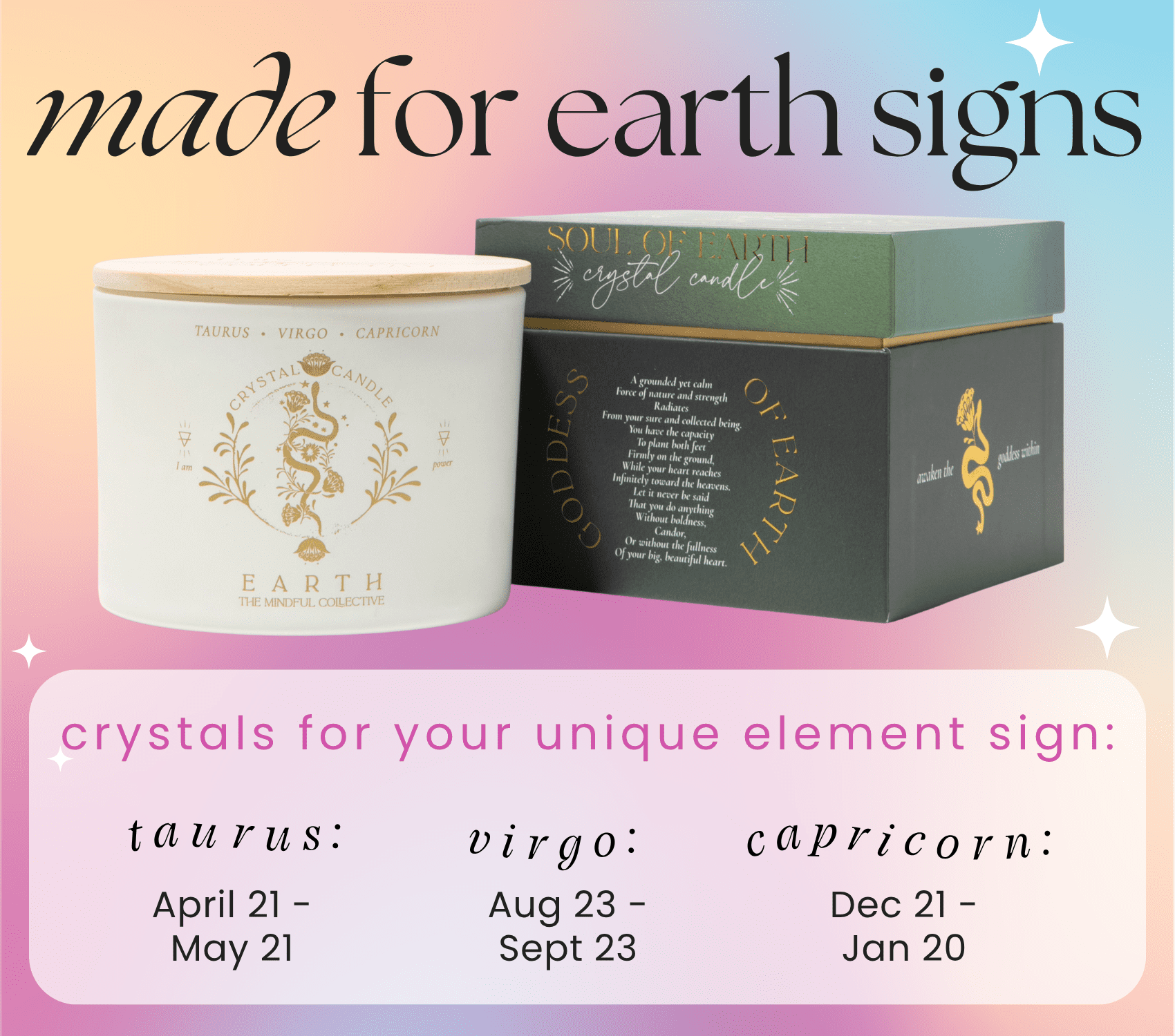 Taurus Virgo Capricorn Gifts for Women - 12oz Wood Wick Candles that Crackle with Crystals and Healing Stones. Healing Crystal Candles for Women Home Scented. Soy Wax, for Zodiac Birthdate