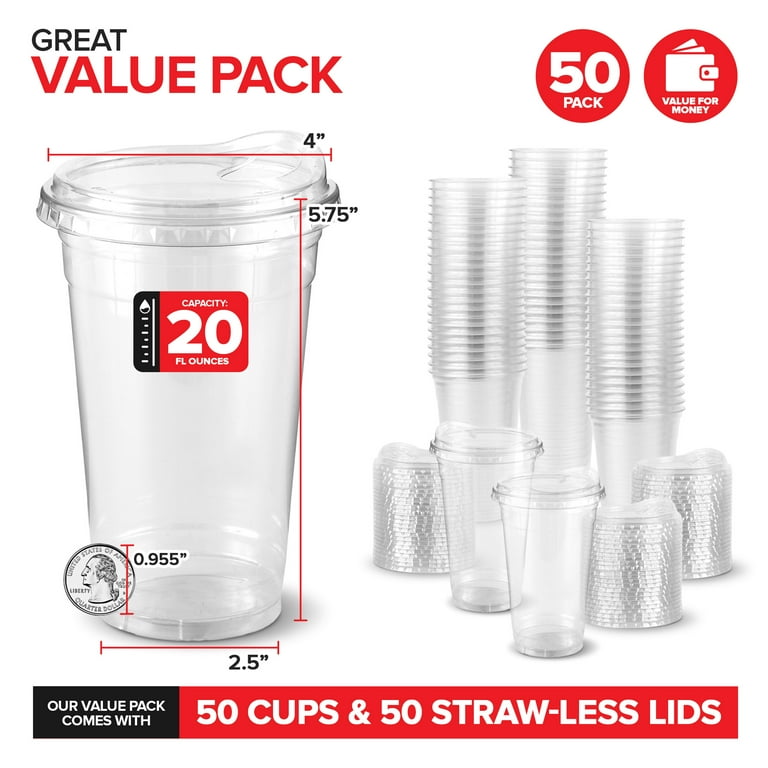 20 oz Clear Plastic Cups with Lids Disposable, Togo Drinking Cup with Strawless Sip Lid for Smoothie, Cold Brew Iced Coffee, Lemonade, Ice Latte, Boba