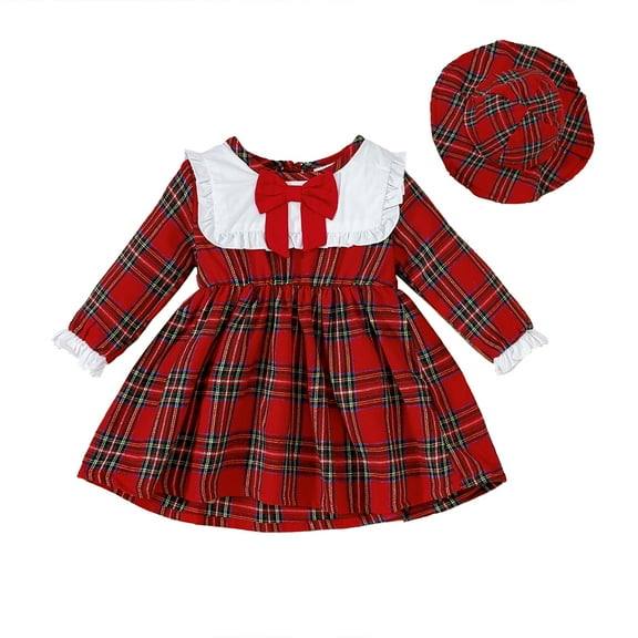 Kucnuzki Newborn Baby Girls Dress Bowknot Long Sleeves Plaid Dress A-line Dress with Hat 2pcs Baby Girls One-piece Dress Fall Red 0-3 Months