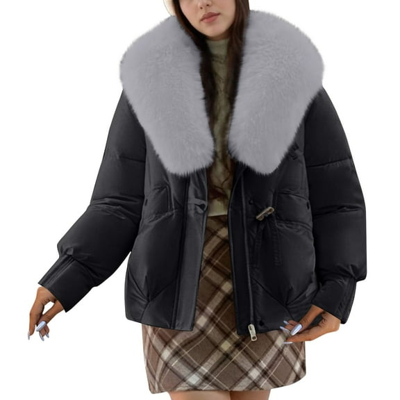 Olyvenn Puffer Jacket Womens Plus Size Zip up Faux Fur Collar Padded Coat Long Sleeve Thermal Outwear Coat with Pockets Black XL