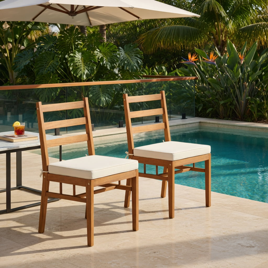 Hommoo Set of 4 Outdoor Acacia Wood Dining Chairs with Removable Polyester Cushions, Heavy-Duty H-Frame, White