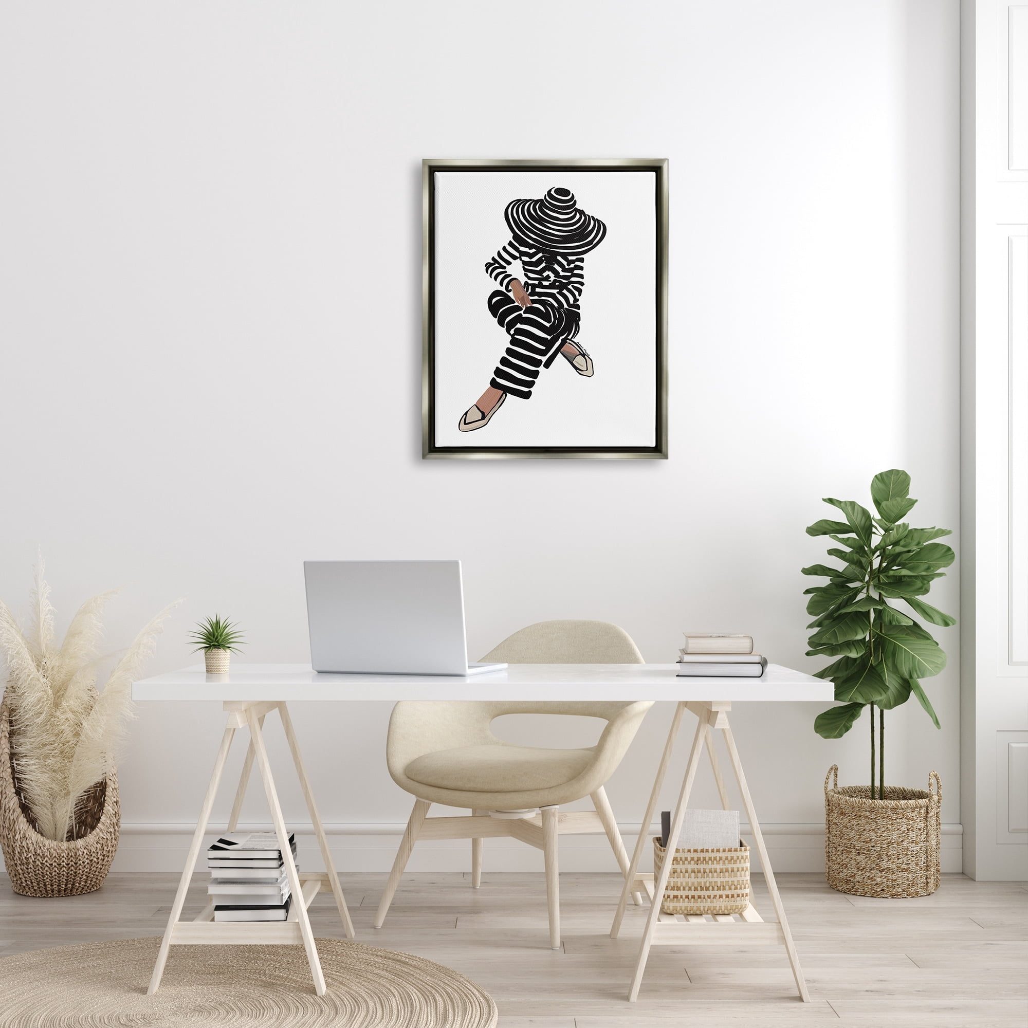 Stupell Industries Stripes Pattern Woman Sitting Fashion Portrait Graphic Art Luster Gray Floating Framed Canvas Print Wall Art, Design by Amelia Noyes