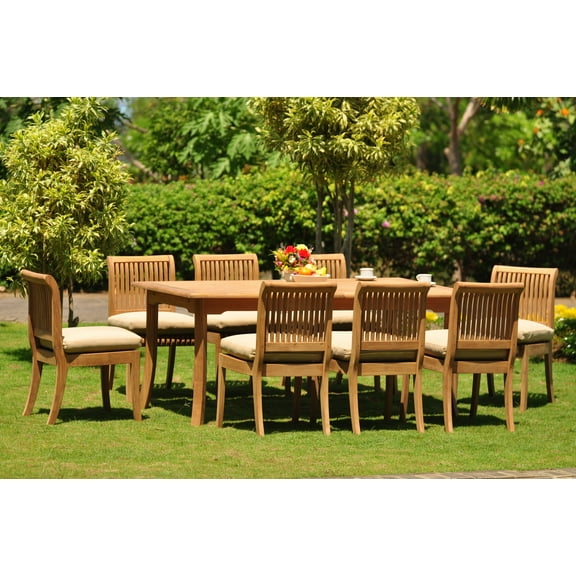 Teak Dining Set: 8 Seater 9 Pc: 94" Double Extension Rectangle Table & 8 Giva Armless Chairs Outdoor Patio Grade-A Teak Wood WholesaleTeak #WMDSGV45