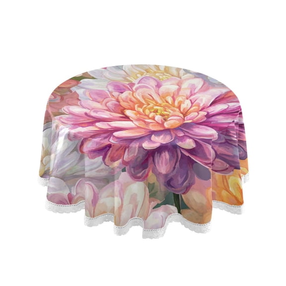Round Single Sided Printed Tablecloth, 60 Inch Polyester Round Table Cover with White Lace Trim, Wrinkle Resistant Decorative Table Cloth for Home Pink Chrysanthemum