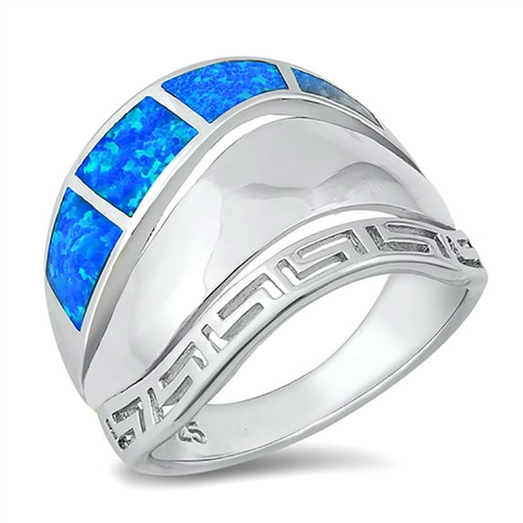 Blue Simulated Opal Greek Aztec Design Ring Sterling Silver Size 10