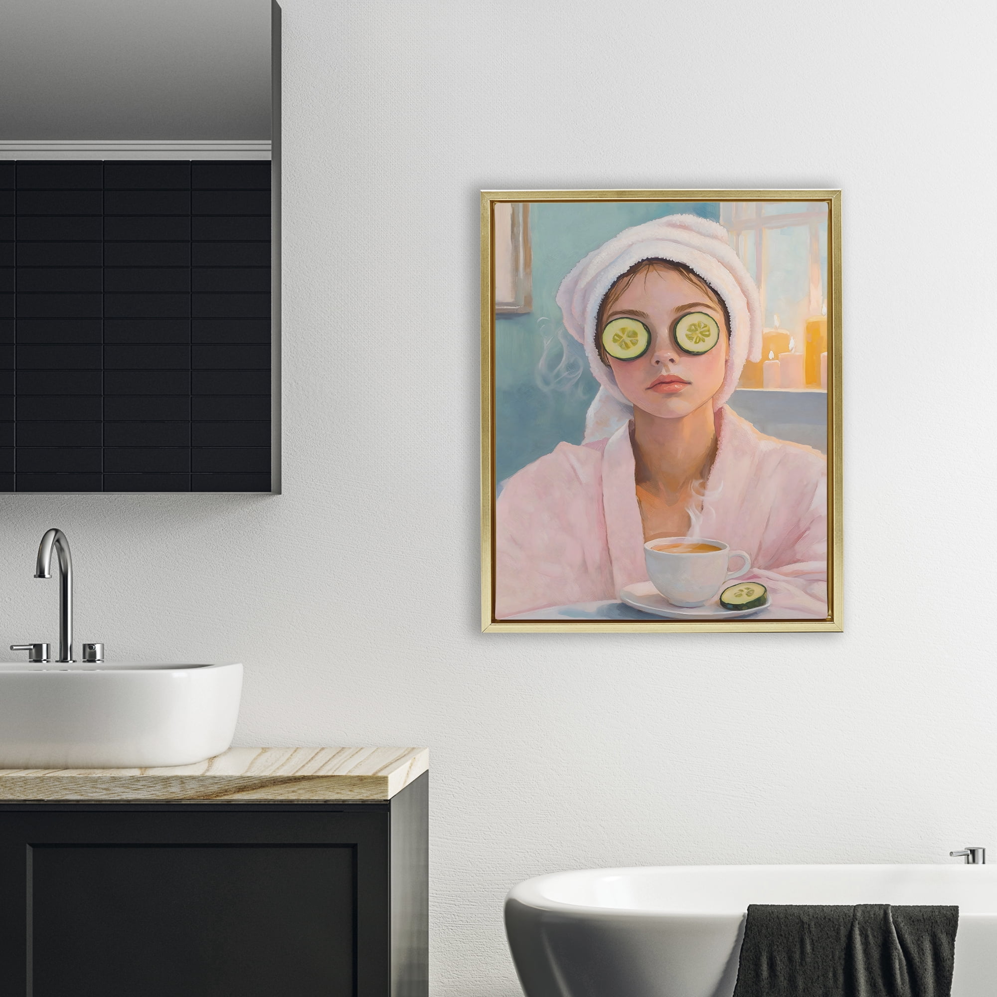 Stupell Industries Spa Day Cucumber Self Care Gold Framed Floater Canvas Wall Art, design by The Prints Vibe
