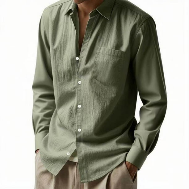 Blusa y camisa de manga larga con cuello vuelto para hombre, informal, de color liso, con botones y cuello vuelto, blusa de manga larga para hombre