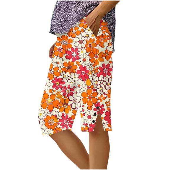 cocolona Womens Summer Casual Printed Beach Shorts Elastic Waist Straight Splited Leg Knee Length Shorts with Pockets