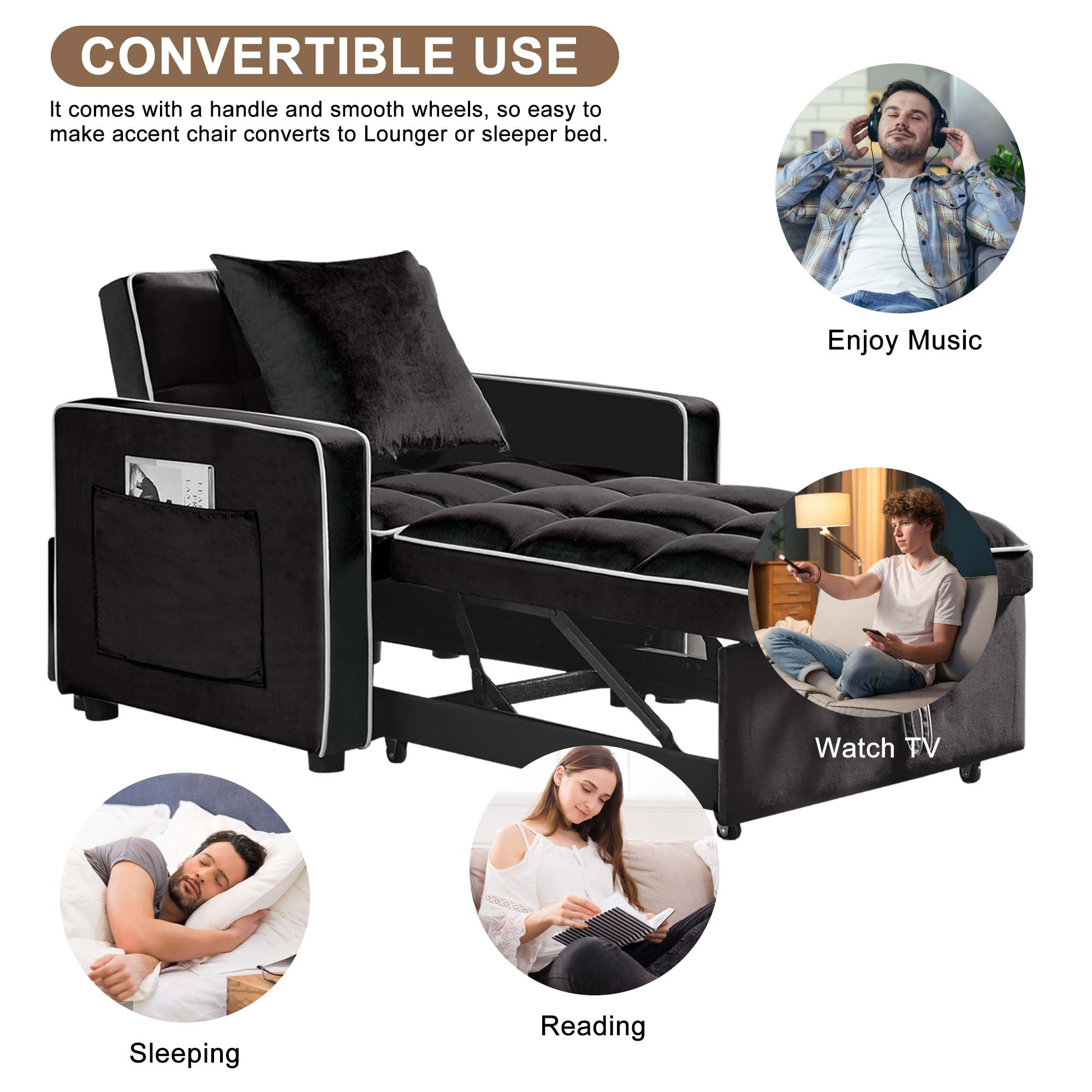 Aukfa Sleeper Chair Bed, Convertible Pull Out Sofa Bed for Living Room Apartment, Black