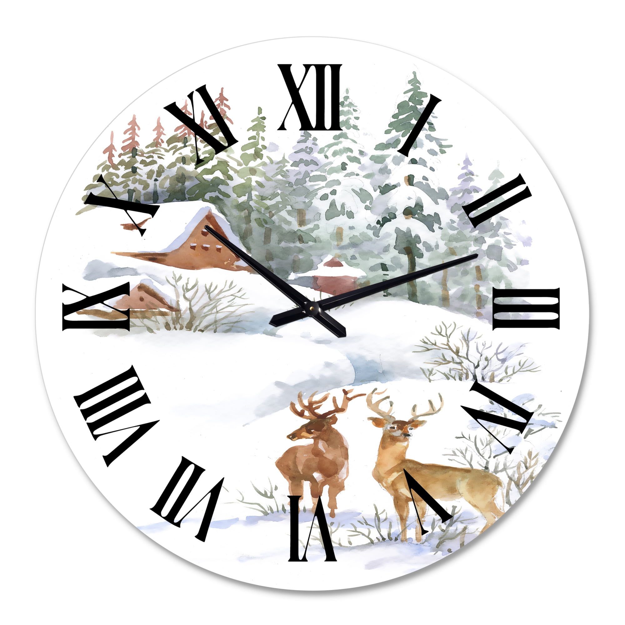 Designart 'Winter Cottage With Two Deers' Farmhouse Wall Clock