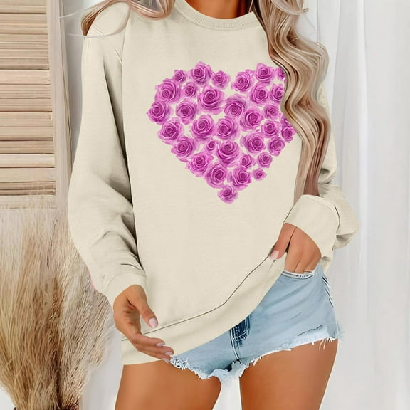 Summer Tops for Women Viikei Womens Tops Long Sleeve Clearance under $5,Women's Round Neck Lover's Love Top Hoodie Long Sleeved Round Neck Top Khaki S