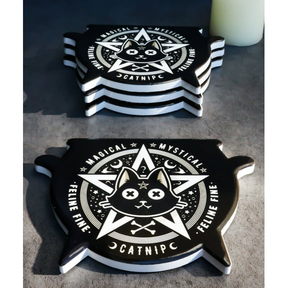 Set Of 4 Wicca Occult Black Cat Catnip Pentagram Cauldron Ceramic Cork Coasters