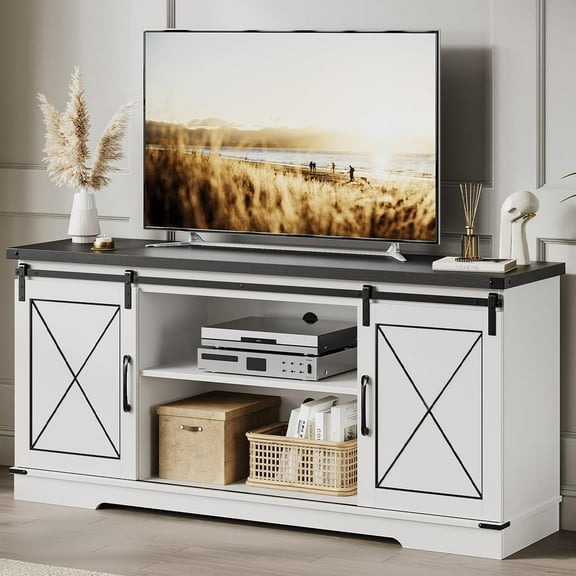 TROPOW Tv Stands for Living Room,Farmhouse TV Stand and Entertainment Center with Sliding Barn Doors and Storage Cabinets, Adjustable Shelf Media Console Storage Cabinet Living Room Furniture,White