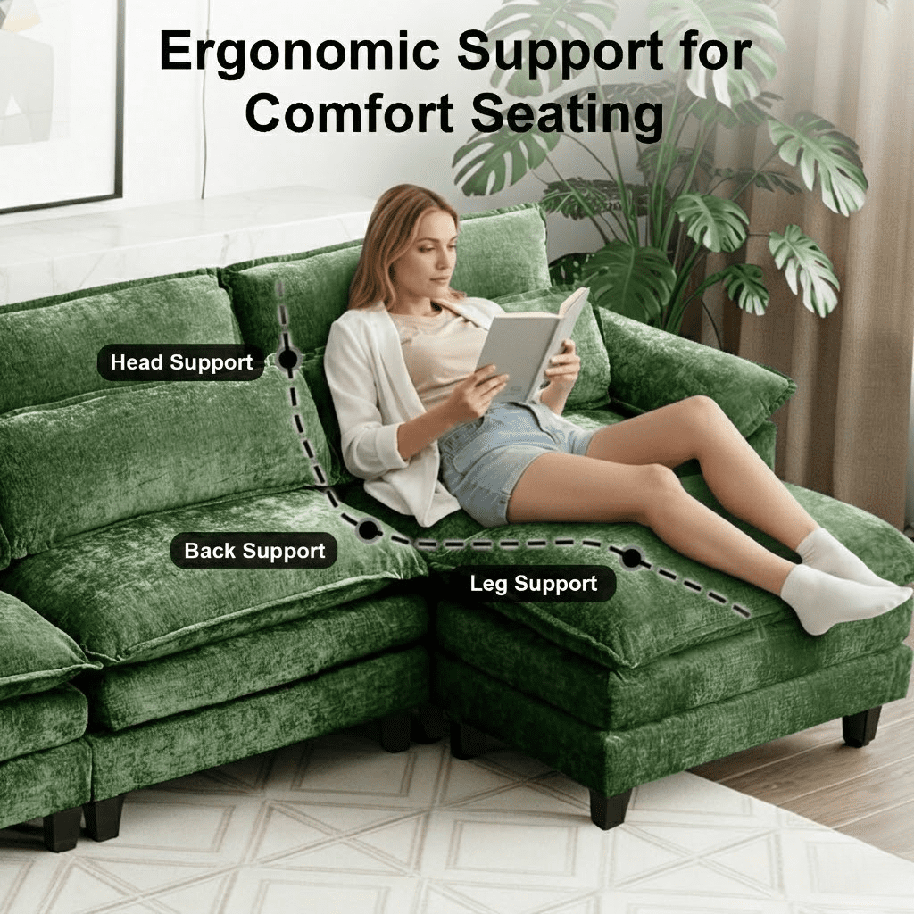 Howcool 148" Modular Sectional Sofa , 4 Seater U-Shaped Cloud Couch with Movable Ottoman, USB Charging Ports & Side Pockets, Sectional couchs for Living Room,Chenille Fabric,Green(Thick Sponge)