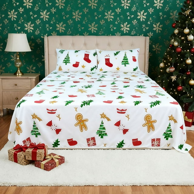 HITIME Juego de Sábanas Navideñas 4 Piezas Tamaño Queen, Bolsillos Profundos 16 Pulgadas, Microfibra de Poliéster Suave con Estampado Festivo, Ideal para Decoración y Regalo