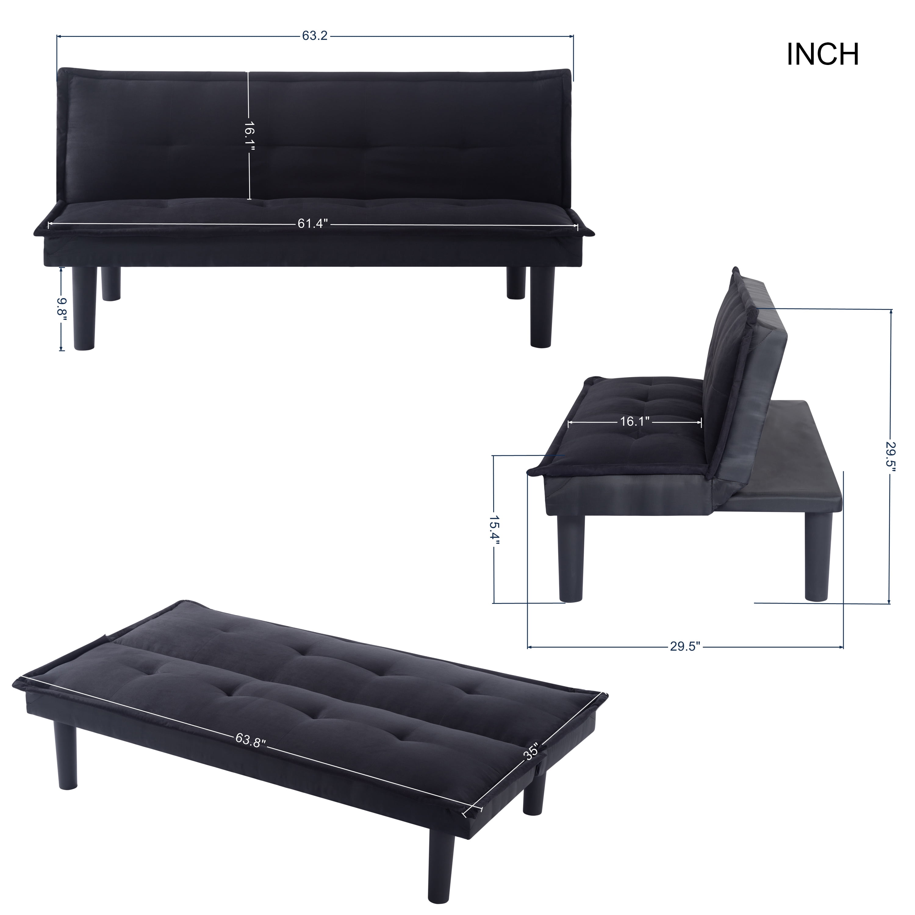 BSHTI Black Modern Futon Sofa bed,Faux Suede Convertible Futon Sleeper Sofa Couch for Livingroom(Black)