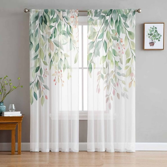 Green Botanical Sheer Curtains 84 Inches Long 2 Panels Set, Window Sheer Curtains for Living Room/Bedroom, Pink Spring Floral Eucalyptus Leaves Light Filtering Rod Pocket Curtain 52'' x 84'' x 2