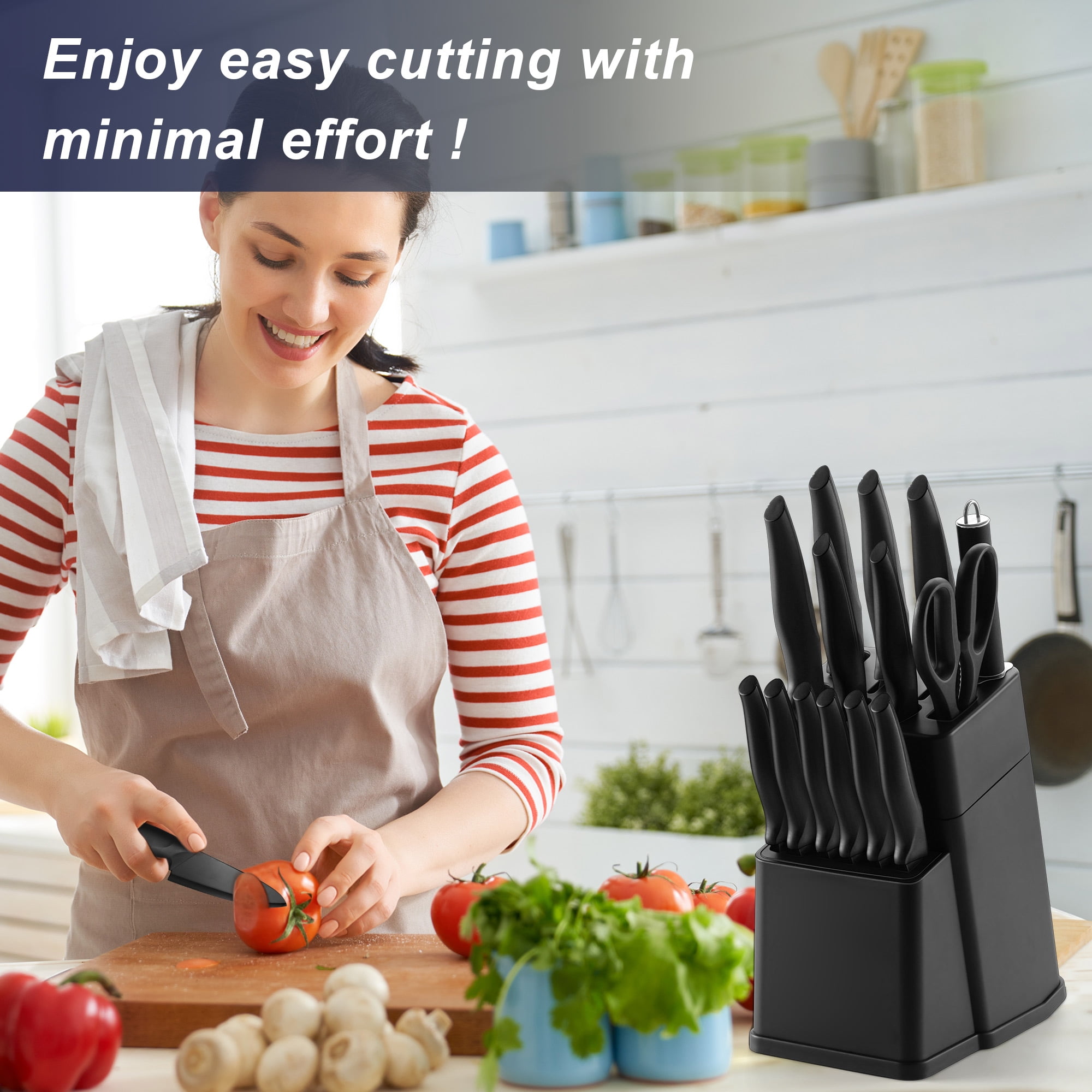 Vesteel Knife Set for Kitchen with Block, 15 Pcs High Carbon Stainless Steel Kitchen Knife Set with Self Sharpening - Black
