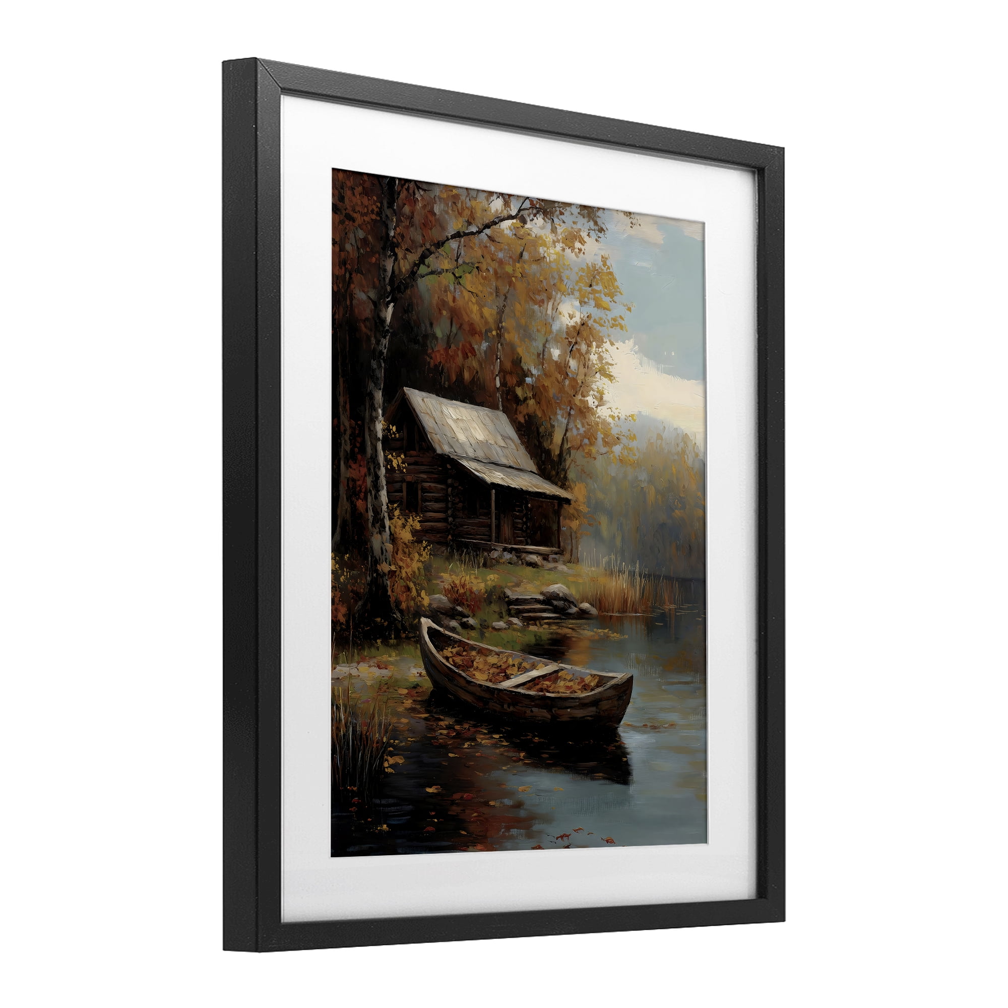 Autumn Cabin Canoe with Leaves Black Framed Print Under Glass, design by Arlington Prints
