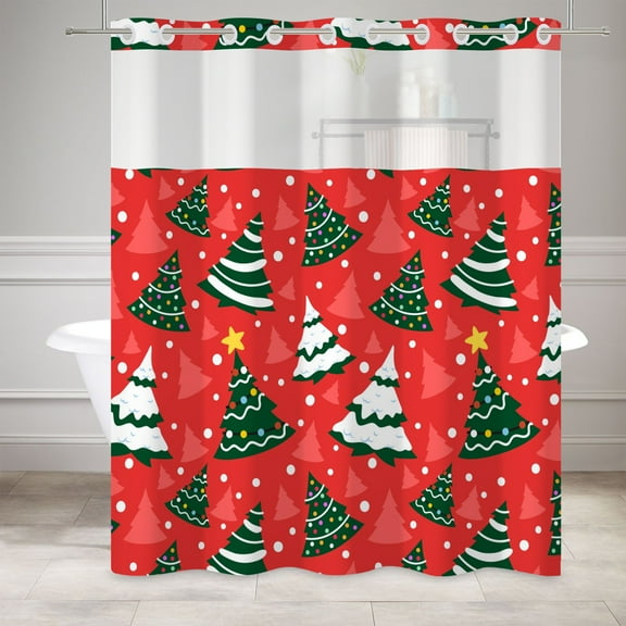 Mizhona Christmas Trees No Hook Shower Curtain with Snap in Liner Hookless Fabric Bathroom Curtain，71"× 74"