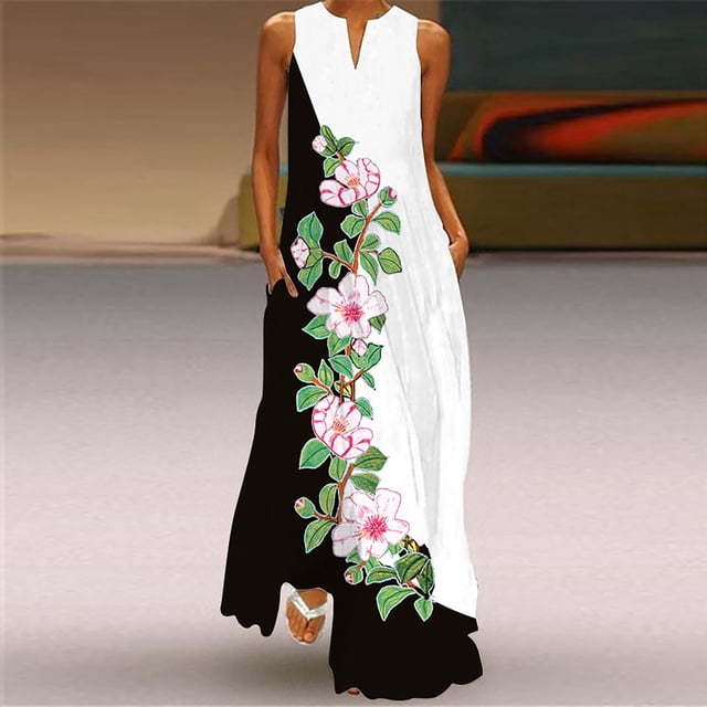 SMihono Robe Maxi Bohème d'Été pour Femmes Grande Taille Robe Longue Décontractée pour Femmes avec Poche Imprimé Floral Robe Maxi Sans Manches Robe de Plage Évasée