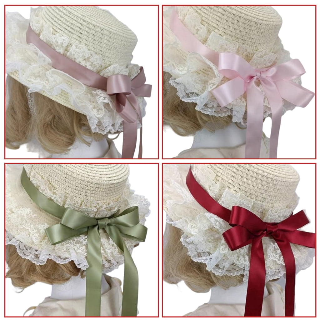 TIERPOP Breathable Straw Bonnet Hat Comfortable Victorian Theme Event Hat With Lace Trim and Bowknot For Cosplay Gatherings