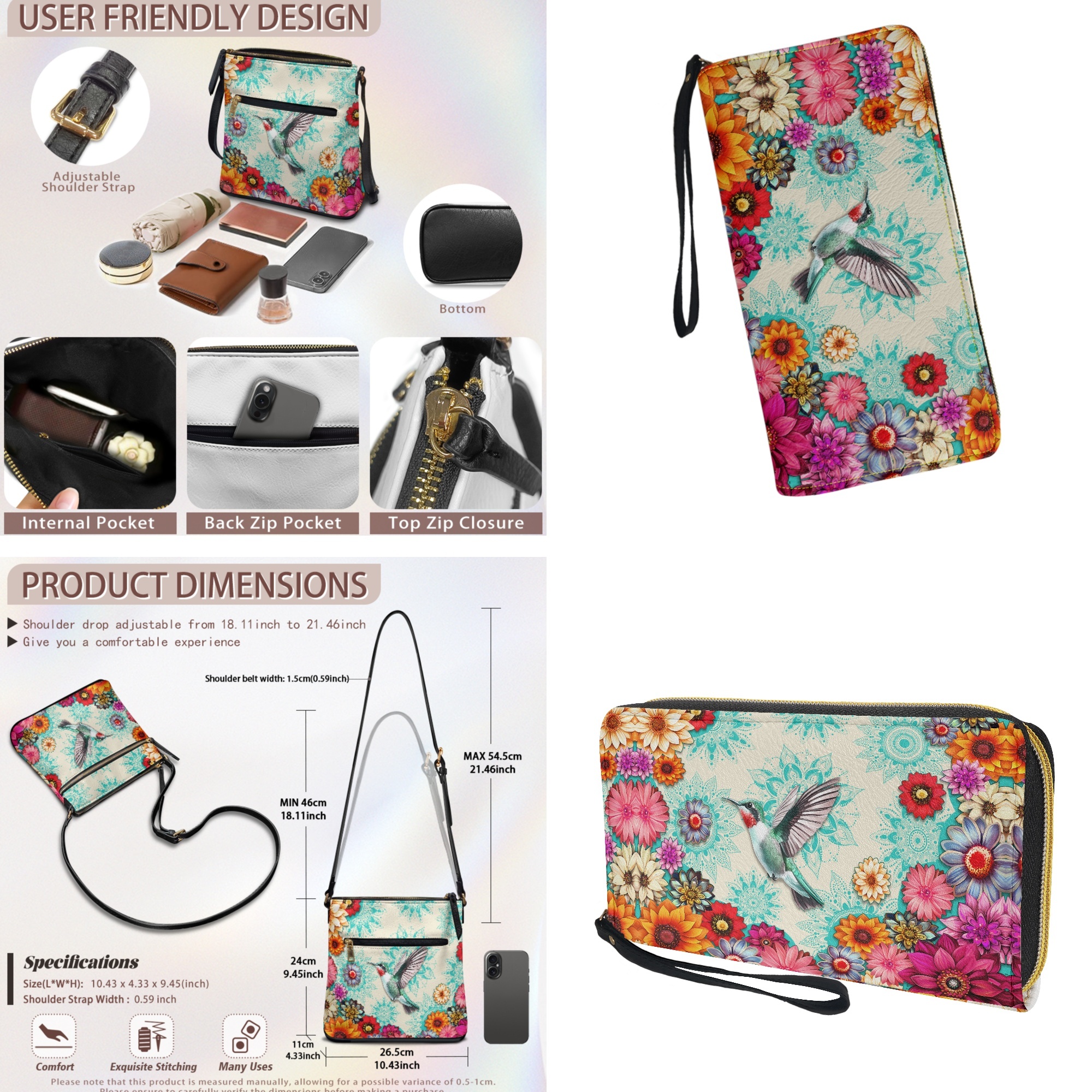 ZUXONGSY Boho Mandala Hummingbird Print Women's Multi-Pocket PU Leather Crossbody Hobo Purse & Wallet Set, Adjustable Strap, Ideal for Travel & Casual Outings