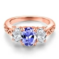 thumbnail image 3 of Gem Stone King 18K Rose Gold Plated Silver Blue Tanzanite and White Topaz Filigree Style 3 Stone Ring for Women (2.36 Cttw, Oval 8X6MM and 6X4MM) (Size 7), 3 of 6